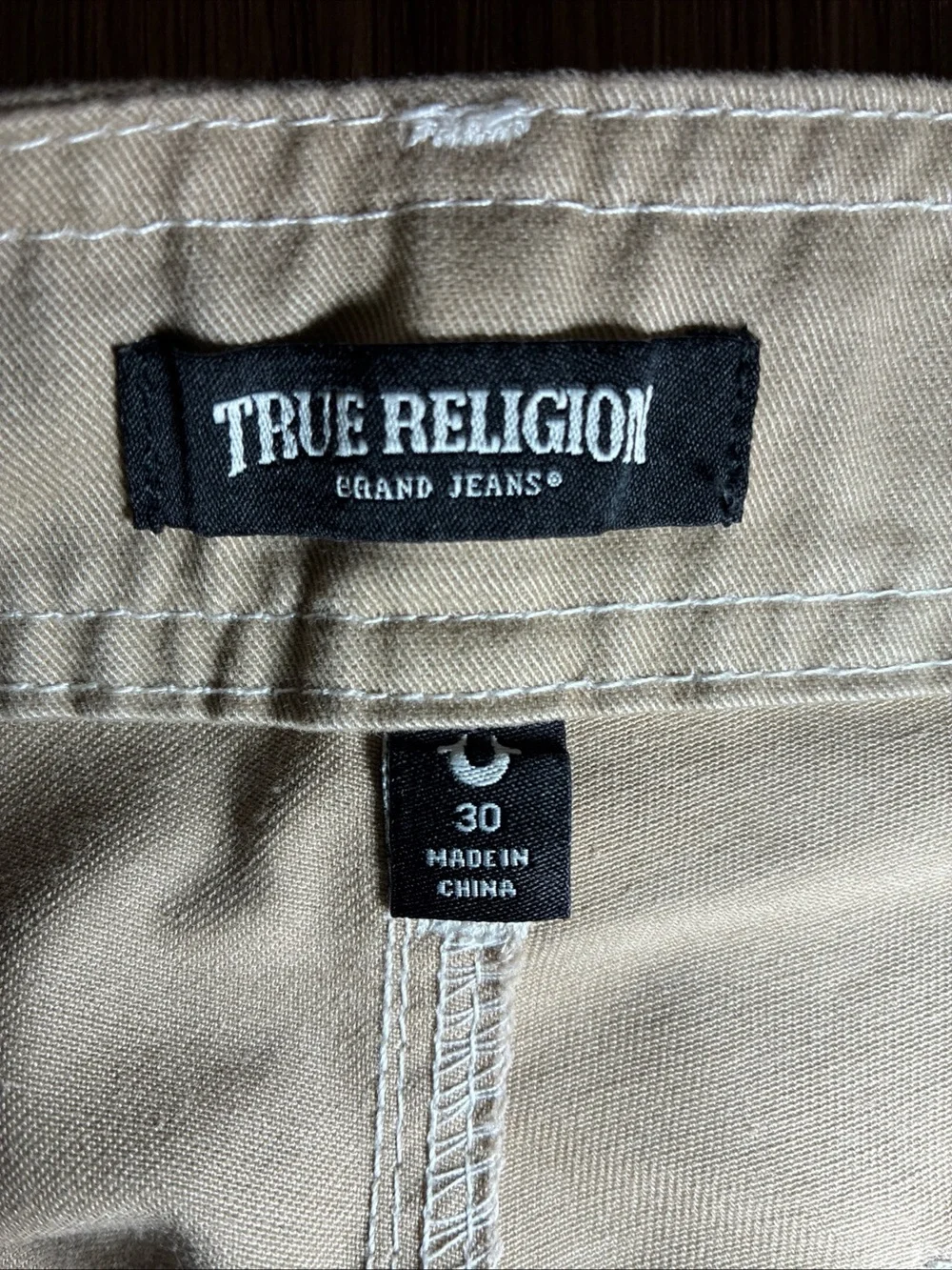 True Religion Men’s Beige Cotton Twill Cargo Pants Straight Leg, Button, Size 30